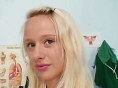 Super sexy blond nurse pulling her weird pussy lips