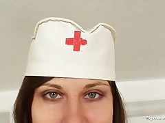 Hot Brunette Babe In Nurse Uniform And Red Stockings Opens Her Legs And Pussy For Kinky Masturbation
