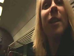 Blonde masturbating and fucking on train