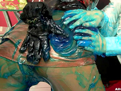 Clothed ladies in gooey mess video