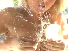 Yummy lactating blonde shows off