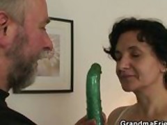 Nasty old bitch takes two tasty cocks after pussy toying
